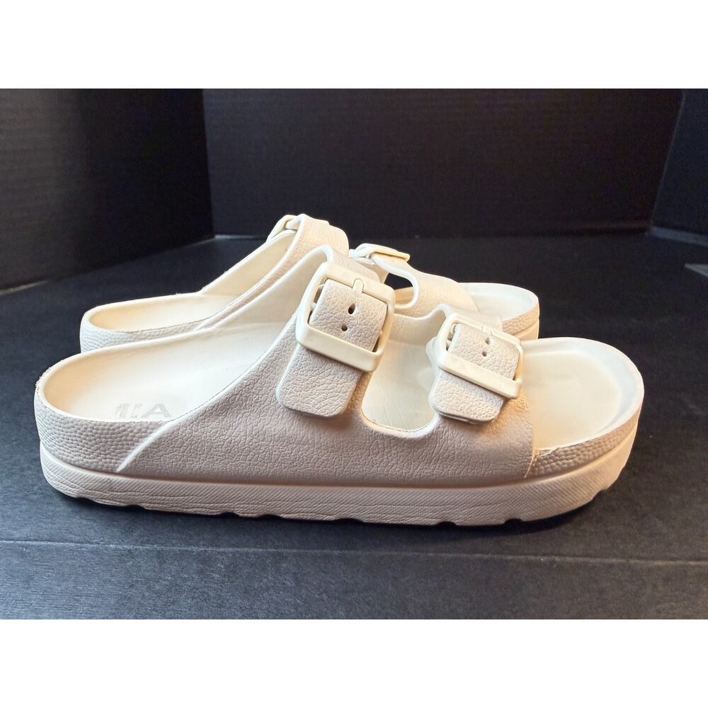 MIA Kiana Platform Footbed Sandals Size 7 Sand Double Buckle Slide